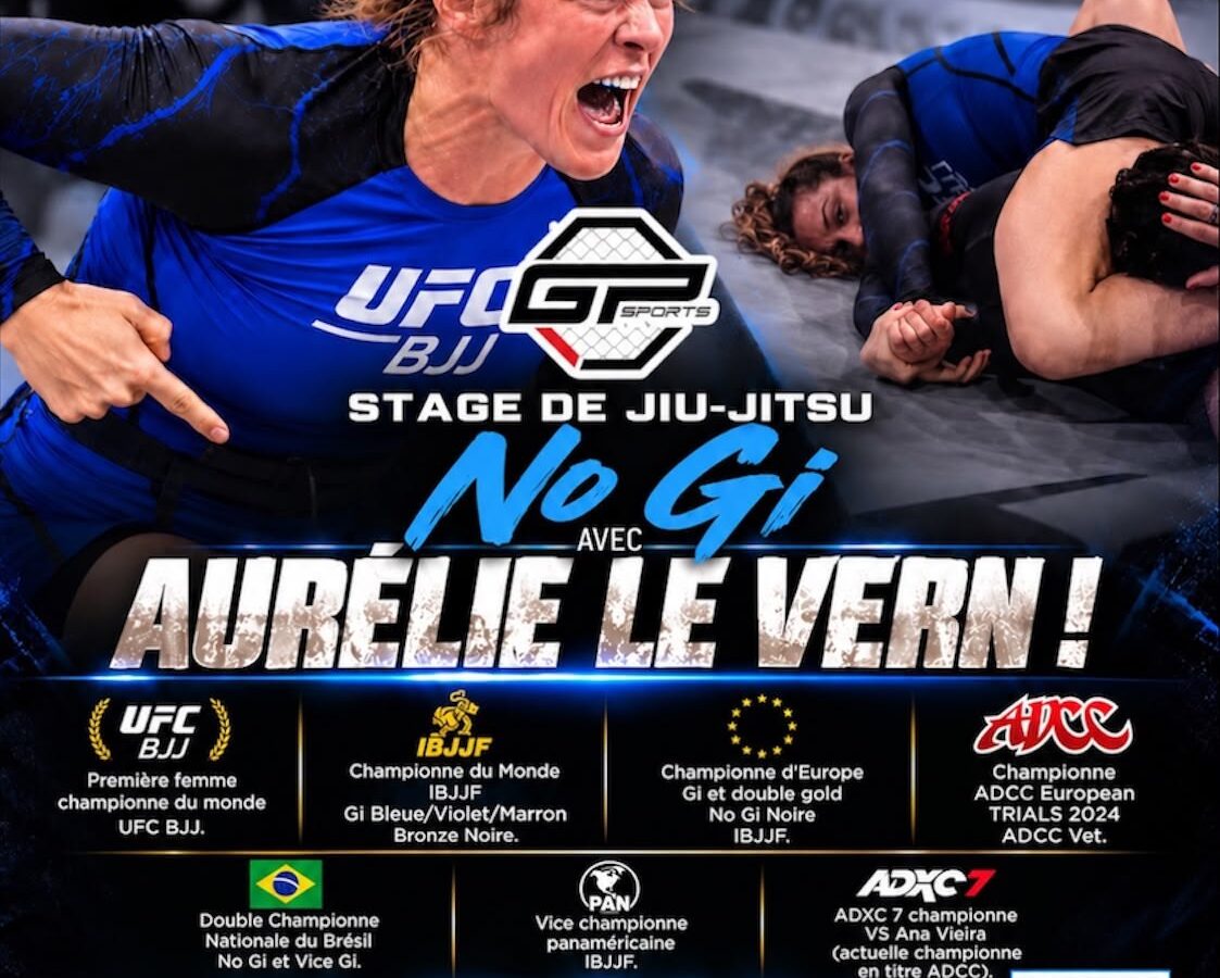 Poster du séminaire de Jiu-Jitsu avec Aurélie Le Vern à Miramas, texte principal: Stage de Jiu-Jitsu No Gi avec Aurélie Le Vern.