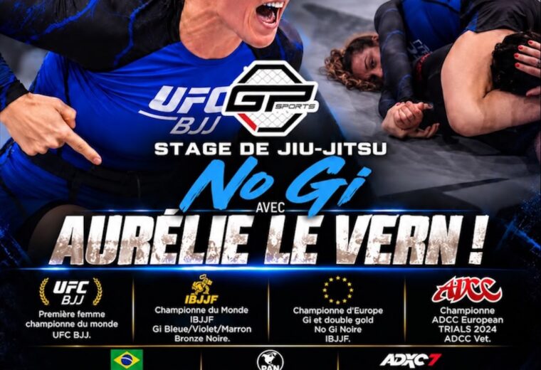 Poster du séminaire de Jiu-Jitsu avec Aurélie Le Vern à Miramas, texte principal: Stage de Jiu-Jitsu No Gi avec Aurélie Le Vern.