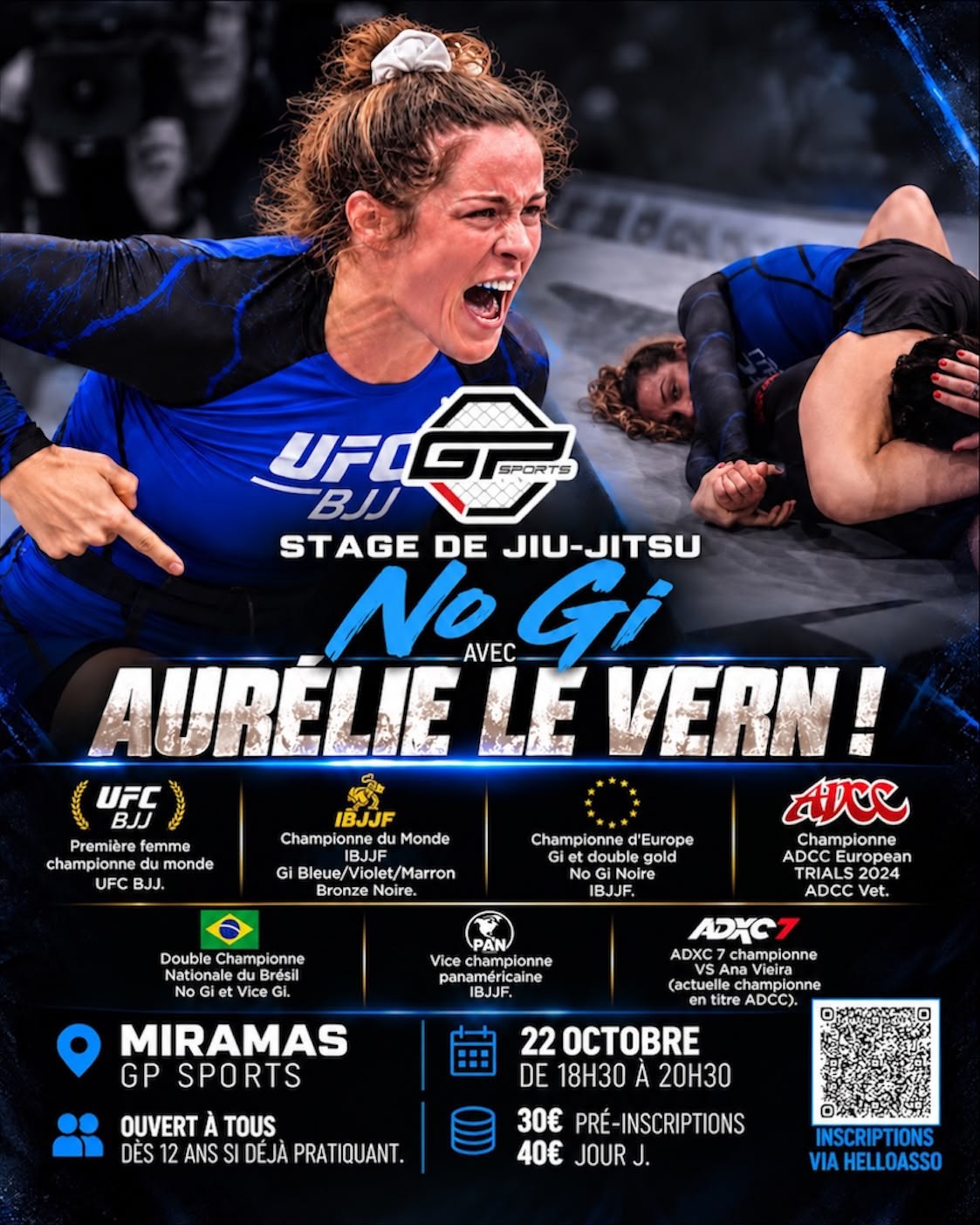 Poster du séminaire de Jiu-Jitsu avec Aurélie Le Vern à Miramas, texte principal: Stage de Jiu-Jitsu No Gi avec Aurélie Le Vern.